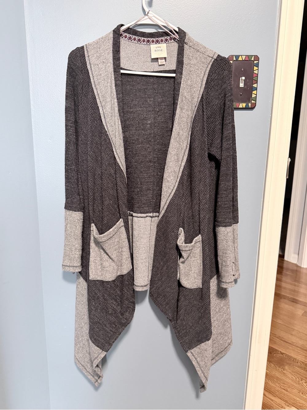Knox Rose Two-Tone Gray Draped Open Front Cardigan